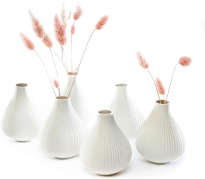 Chive ‘Frost’ Ceramic Flower Vase — Set of 6 Beautiful Small Bud Vases for Flowers & House Plants — Perfect Shelf Centerpieces and Living Room Decor — White