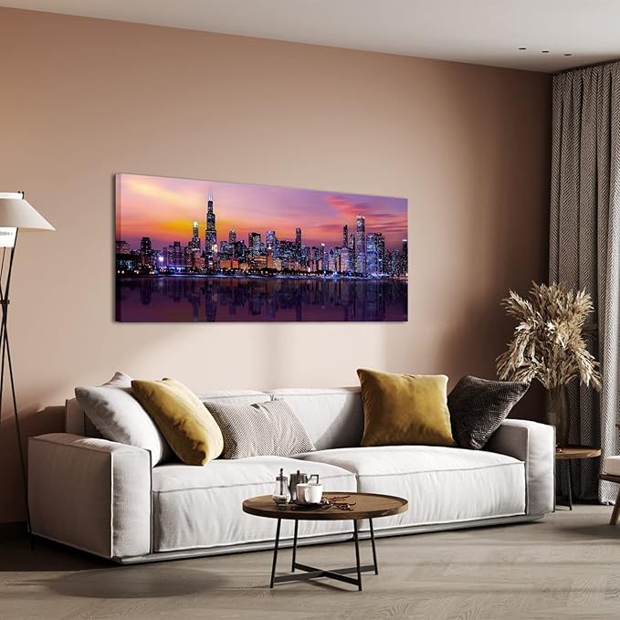 Fochorlo Large Chicago Canvas Modern City Skyline Wall Art Downtown Night Picture Prints Ready To Hang 20"X48"