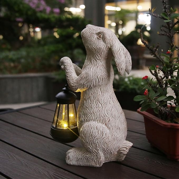 Garden Statues Rabbit with Solar Lights-Bunny Figurine Halloween Decorations Outdoor Rabbit Decor for Lawn,Balcony-Yard Art Garden&Patio Decor,Unique Housewarming&Birthday Gifts for Women Mom