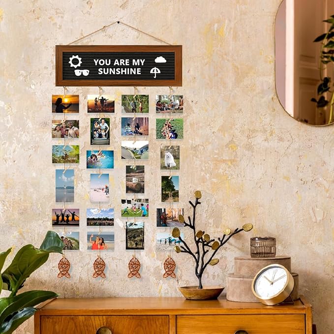 Hanging Photo Display Wall Decor, Picture Frames Collage Felt Letter Board with 270 Letters and 30 Clips, DIY Boho Dorm Room Decor for Wall, Mothers Day Party Birthday Gifts