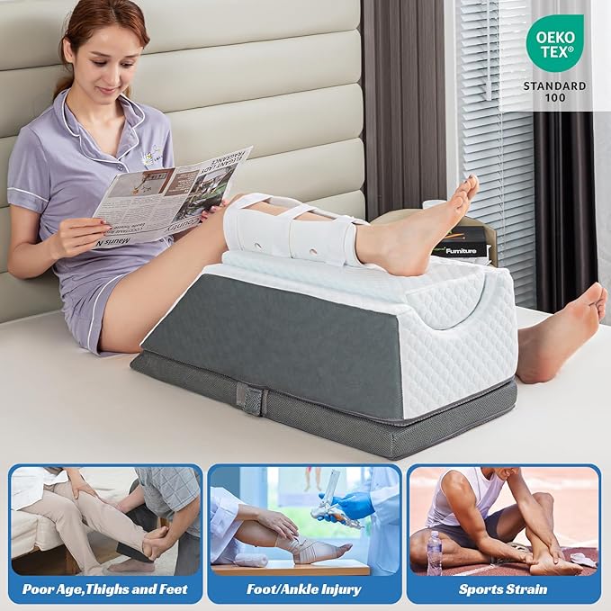 Adjustable Leg Elevation Pillow with Memory Foam, 3-Height Adjustable Leg Pillow for After Surgery, Knee, Ankle Injury, Foot Rest, Improve Circulation and Pain Relief, Removable & Washable Cover