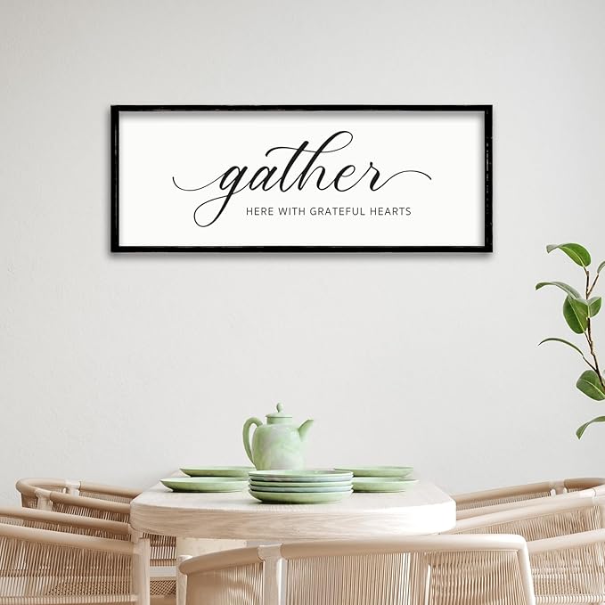 ZZJJHYWGQ Gather Here With Grateful Hearts Sign Rustic Farmhouse Wall Art 32"×12" For Dining Room kitchen Family Gathering Thanksgiving Decor Minimalist Large Wooden Framed Hanging Art (Black)