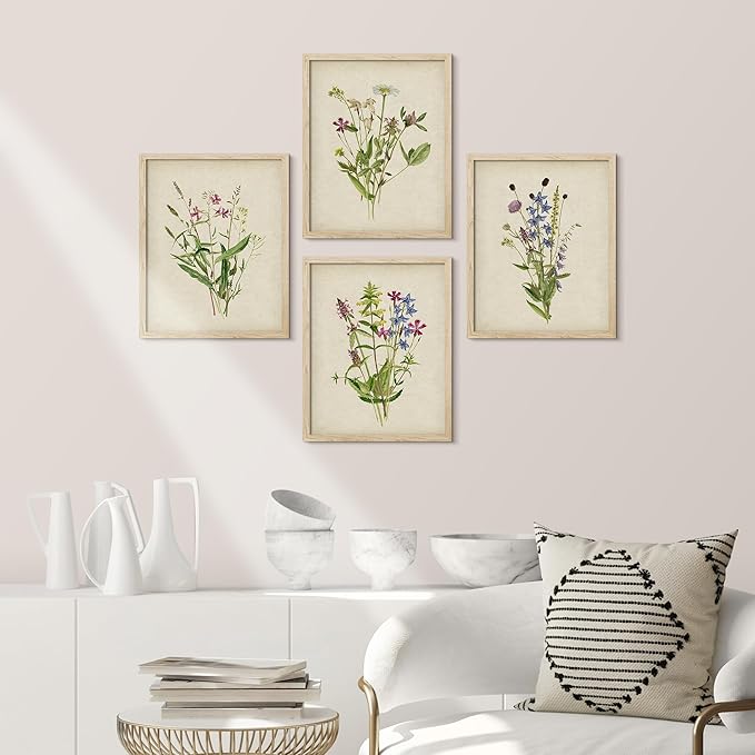SIGNWIN Framed Watercolor Floral Botanical Wall Art, Set of 4 Vintage Wall Decor Prints, Minimalist Wall Décor for Living Room, Bedroom - 12"x16" Natural