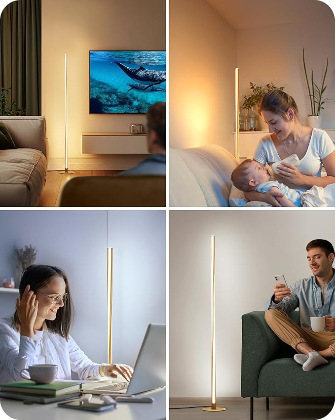 EDISHINE Helix LED Floor Lamp, 56" Tall Pole Lamps 2700K-6000K Dimmable, Remote Control & Foot Switch, Modern Minimalist Standing Corner Lights for Bedroom, Living Room, Office, Gold