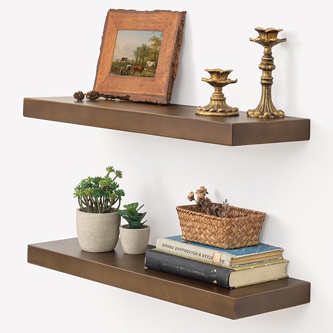 Marsmiles Floating Shelves for Wall - 24 Inch Dark Wood Floating Shelves Set of 2-24 Inch Wide x 7.7 Inch Deep x 1.6 Inch Thick Rustic Wooden Shelves for Room Wall