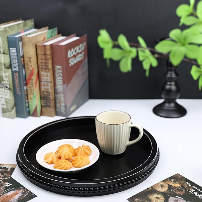Round Black Wood Serving Tray with Beads, Wooden Decorative Tray for Entertaining, Decoration, and Gifting,