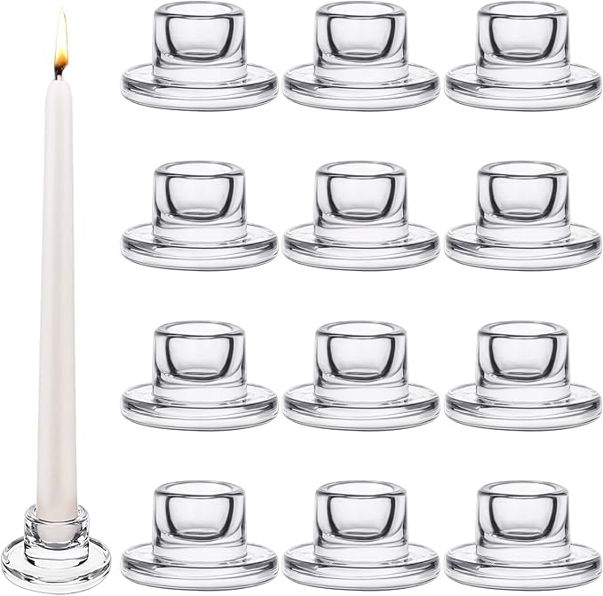 12 PCS Glass Taper Candle Holders Bulk Candlestick Holders Clear Short Tapered Candle Stick Holder Decor Set for Table Centerpiece Wedding Party Advent Christmas Home Decorations (12, Clear)