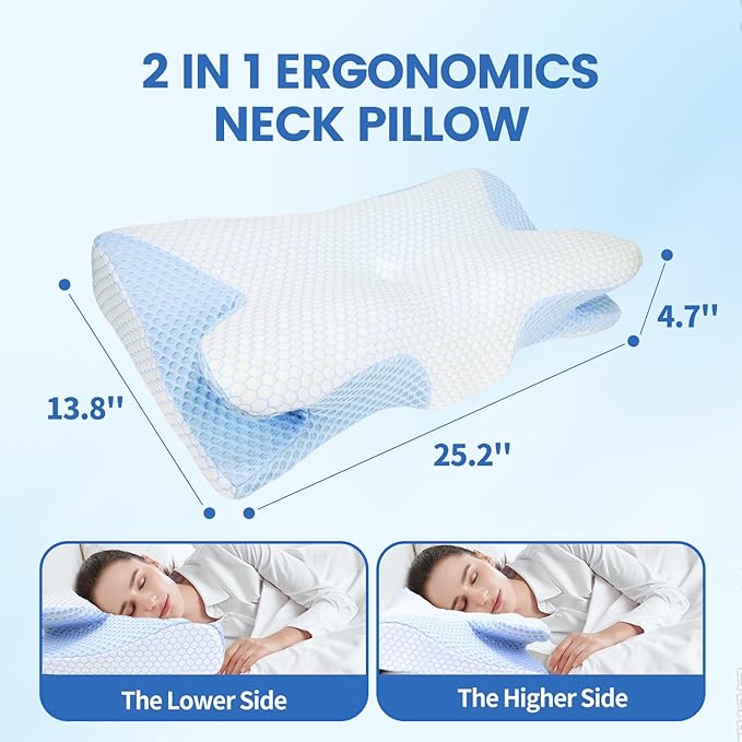 Contour Memory Foam Sleeping Pillows, Bed Pillow for Neck and Shoulder Pain, 2 in 1 Ergonomic Neck Cervical Pillow - for Side,Back,Stomach Sleepers - Neck Pain Relief