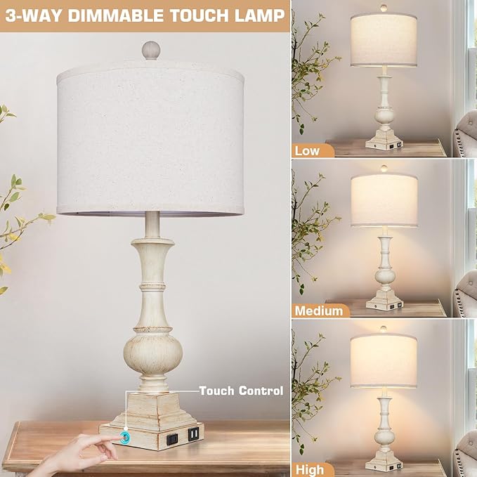 26" Farmhouse Table Lamps, Table Lamps for Living Room Set of 2 with USB A+C Ports & AC Outlet, Vintage Rustic Touch Control 3-Way Dimmable Boho Nightstand Lamp White Washed Resin for Bedroom Deocr