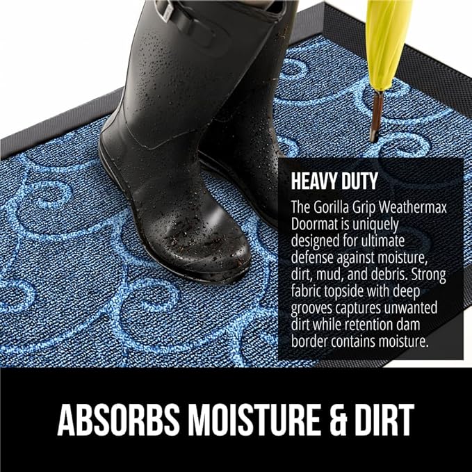 GORILLA GRIP 100% Waterproof All-Season WeatherMax Doormat 35x23, US Designed Natural Rubber, Stain and Fade Resistant, Low Profile Indoor Outdoor Door Mats, Easy Clean Patio Mat, Ocean Blue Waves