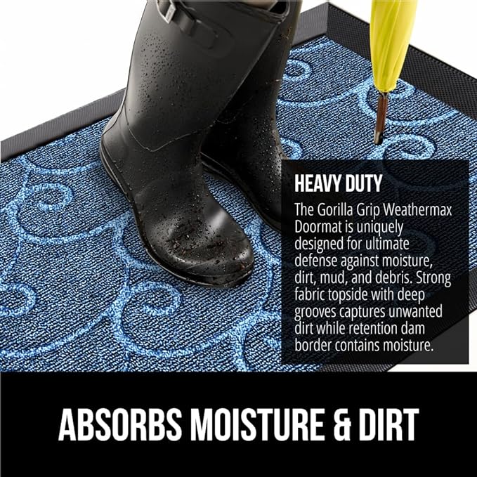 GORILLA GRIP 100% Waterproof All-Season WeatherMax Doormat, 72x24, US Designed Natural Rubber, Stain and Fade Resistant, Low Profile Indoor Outdoor Door Mats, Easy Clean Patio Mat, Ocean Blue Waves