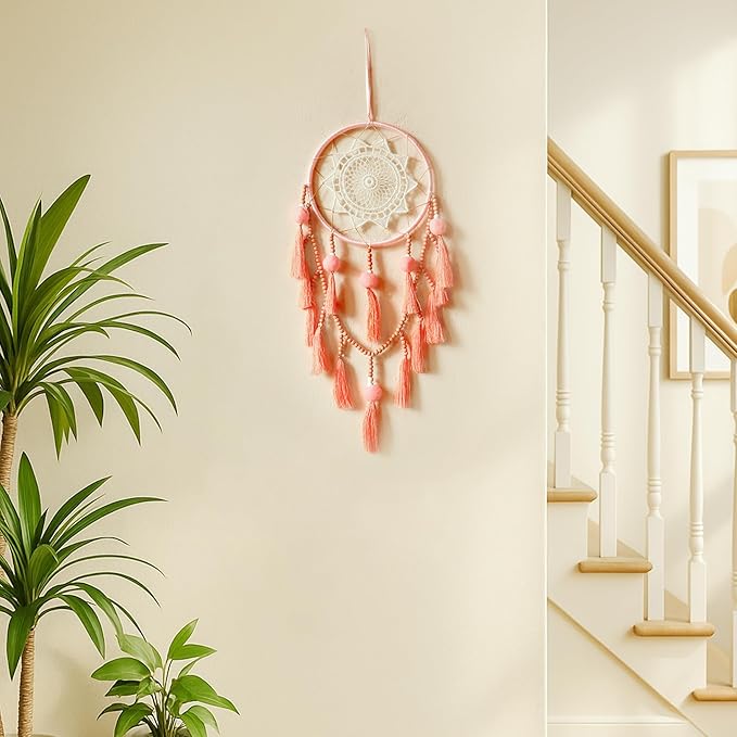 Pink Dream Catcher Wall Decor with Pompoms Macrame Large Dreamcatcher, Handmade Tassels Hanging Ornament Boho Room Decor for Girls Bedroom Living Room