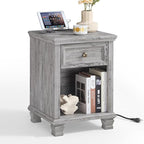 Farmhouse Side Table with Charging Station, Rustic Wood End Table with Drawer, Small Nightstand with Open Shelf for Bedroom, End Tables for Living Room, Grey