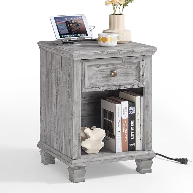Farmhouse Side Table with Charging Station, Rustic Wood End Table with Drawer, Small Nightstand with Open Shelf for Bedroom, End Tables for Living Room, Grey
