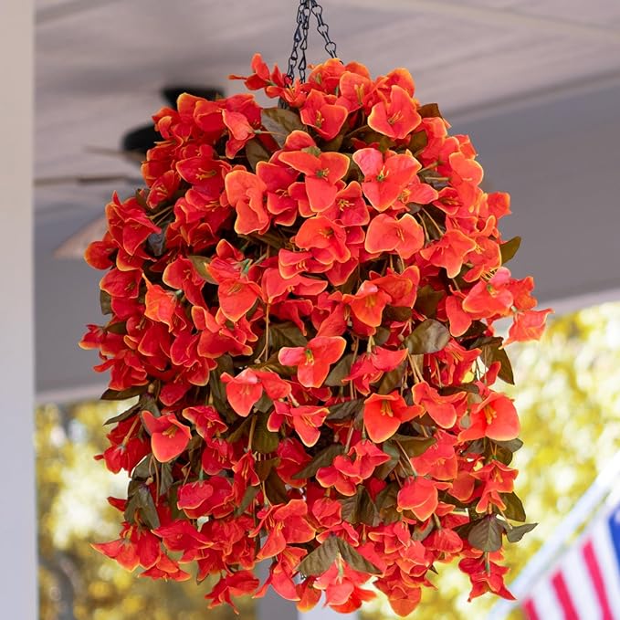 Bougainvillea Artificial Fall Flowers Fake Plants for Outdoors Autumn Decoration, 3PCS Faux Silk Hanging Trailing Vines with Baskets UV Resistant Realistic for Front Door Patio Balcony, Fall Orange