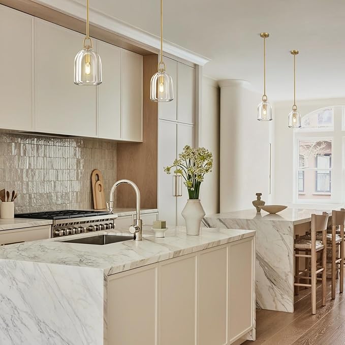 Botanist Cloche K9 Crystal Pendan Light,Modern Crystal and Brass Pendant Lights Fixture,Gold Pendant Lights Kitchen Island,Kitchen Pendant Lighting Over Island,E12 Bulb Included