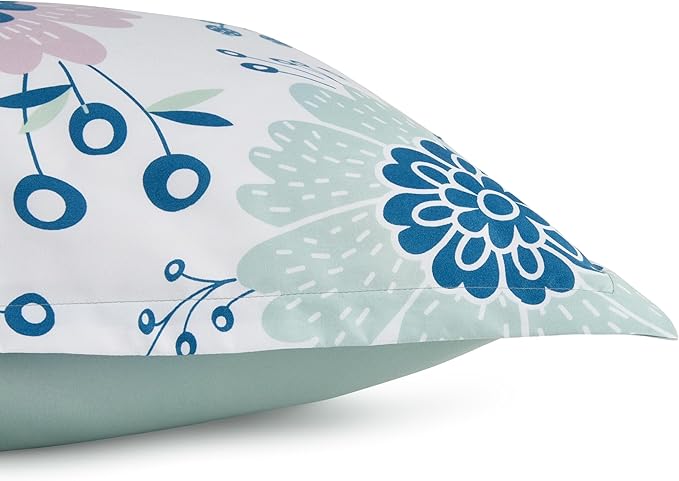 Amazon Basics Soft, Plush 3 Piece Microfiber Kid's Comforter and Pillow Sham Set, Full/Queen, Purple Flowers, Bluish Pink, Lightweight, Floral