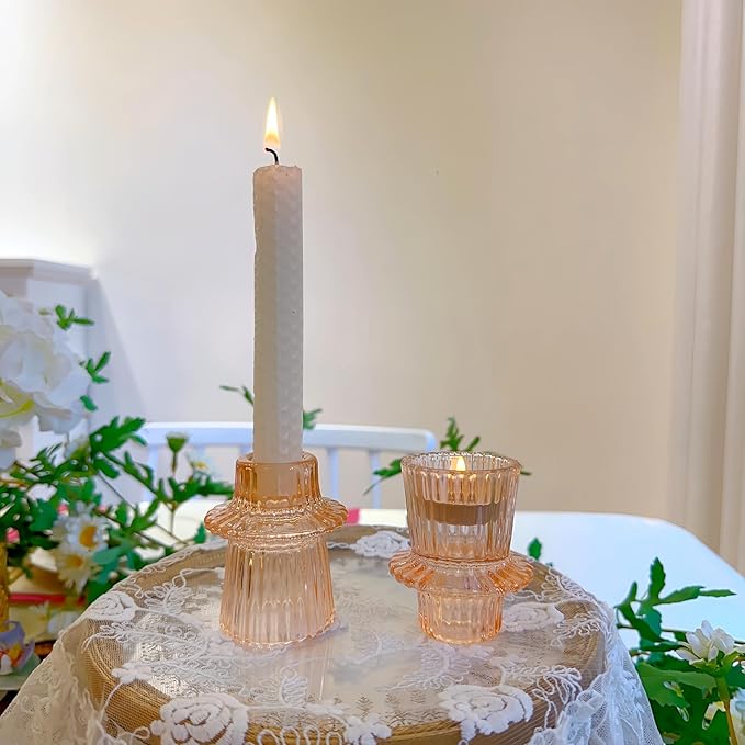 Double Sided Vintage Ribbed Taper Glass Candle Holders,Tea Candle Holder for Table Centerpieces, Wedding Decorations and Dinner Parties (Orange Pink, 3 PCS)