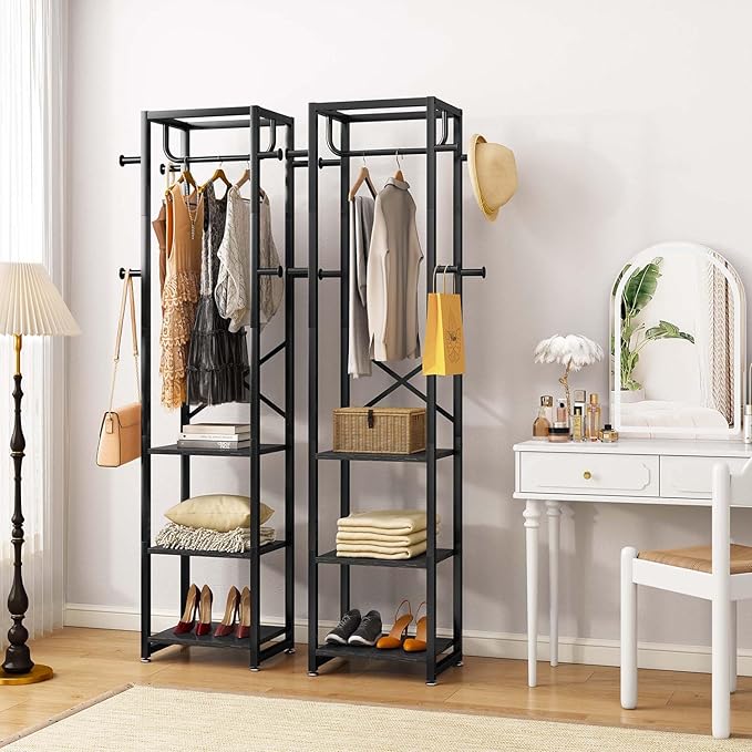 IBUYKE Coat Rack with Shelves, Freestanding Hall Tree with 3 Shelves and 8 Hooks, Industrial Clothes Stand for Entryway, Hallway, Bedroom, Black UTMJ088B