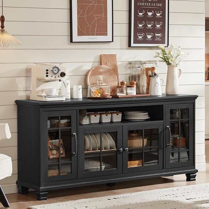 Large Black Sideboard Buffet Cabinet with Storage, Vintage Farmhouse 60" Wide Credenza Accent Cabinets with Glass Doors & Wood Legs, Kitchen Console Bar Table for Dining Room, Living Room