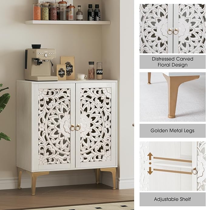 Accent Cabinet with Doors,Storage Cabinet with Gold Legs and Adjustable Shelf, Sideboard Buffet for Living Room,Entryway,Dining Room,Bedroom,White