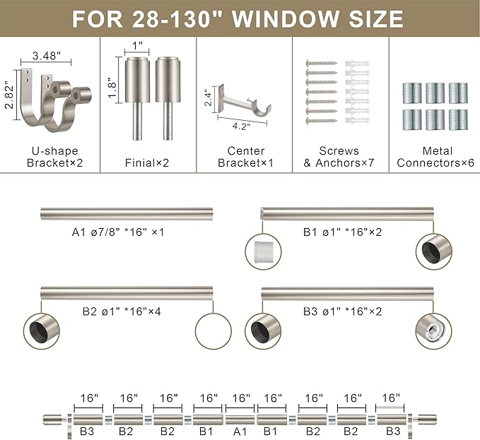 Curtain Rods for 28-130” Windows, Splicing Construction, 1” Adjustable Drapery Rod with Aluminum Alloy Brackets and Finials for Window, Sliding Door, Patio, Living Room Decoration, Brushed Nickel