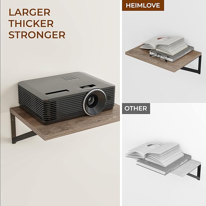 Heimlove Deep Floating Shelves for Wall, 12 Inch Deep Floating Shelves Set of 3, 16W x 12D Wood Wall Shelves, Wide Wood Shelves with Metal Bracket for Living Room, Kitchen, Office, Bedroom - Grey