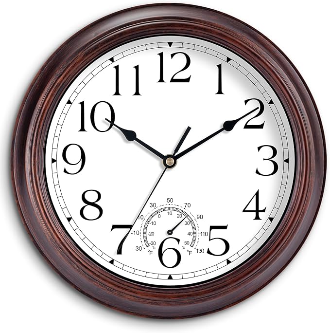 8.5 Inch Outdoor Wall Clock with Thermometers, Vintage Silent Wall Clocks Battery Operated, Retro Non-Ticking Clock Decorative for Living Room, Patio, Kitchen, Office, Bathroom, Bedroom(Bronze)