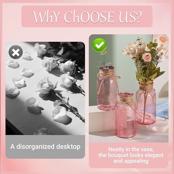 Pink Glass Flower Vases for Centerpieces Set of 6, Mason Jars Boho Cylinder Bud Vases in Bulk, for Weddings Parties Vintage Home Decor