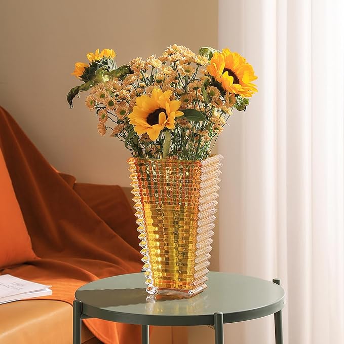 MCMCNCUIU Crystal Glass Vase, Large Crystal Vases for Flowers, Large Flower Vase,Amber Modern Vases for Living Room, Bedroom, Kitchen, Dining Table, Mantle, Wedding, 11 Inches