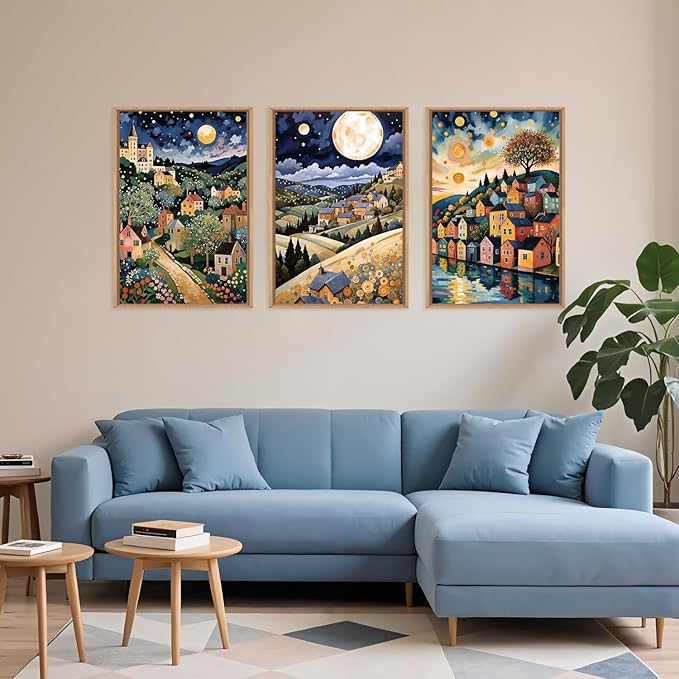 LHIUEM Large Abstract Colorful Framed Canvas Wall Art,Retro Night Village Wall Decor,Natural Moon Stars Wall Painting,Gustav Klimt Scenery Artwork for Living Room,Bedroom,Dining Room,Office -24"x36"x3