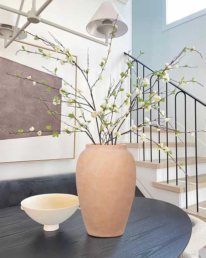 Handcrafted Flower Vase, 10.5" Tall Terracotta Vases, Vintage Rustic Ceramic Vase Décor, Wide Mouth, Matte Finish for Home Office Resto Café Decoration