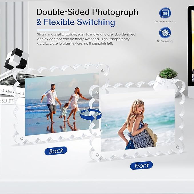 Magnetic Photo Frame 6×8Inch - 2Pack Acrylic Scalloped Glass Frames, 12+12mm Thick Double-Sided Design.Clear Picture Frame with Thick Block | Trendy Home Gift Set (2 Pack, 6×8)