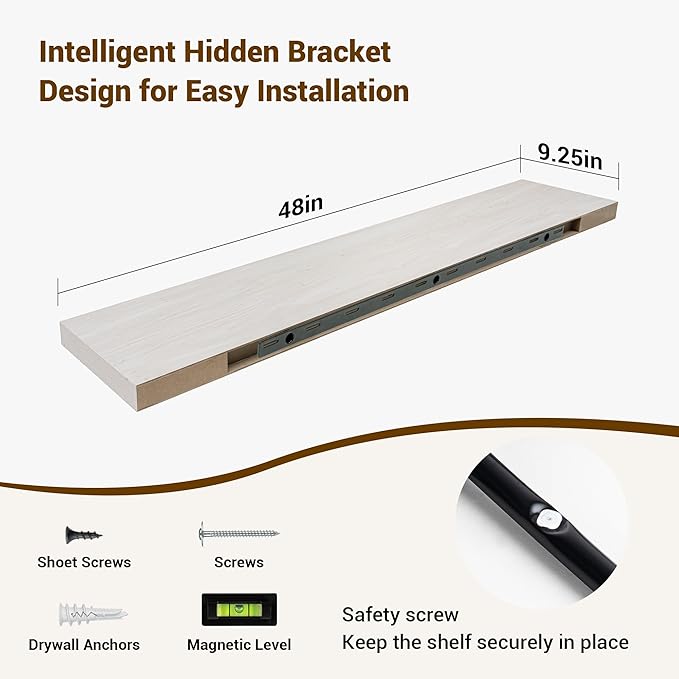 48 Inch Floating Shelves, 48"x9.25"x1.5" Inch Deep Floating Shelves for Wall, Wooden Shelves for Bathroom, Bedroom, Living Room, Cream White Oak