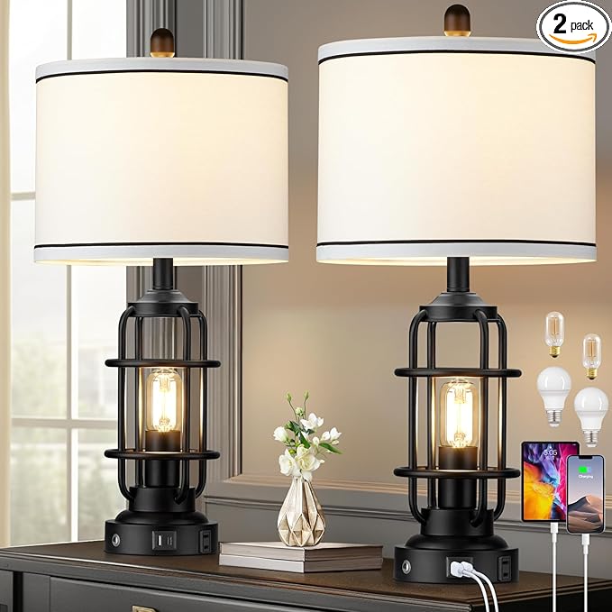 Modern Table Lamps Set of 2, Industrial 3-Way Dimmable Bedside Lamp with USB A+C Ports & AC Outlet, 25" Touch Control Nightstand Lamp LED Night Light for Living Room Bedroom Home(4 Bulbs Included)