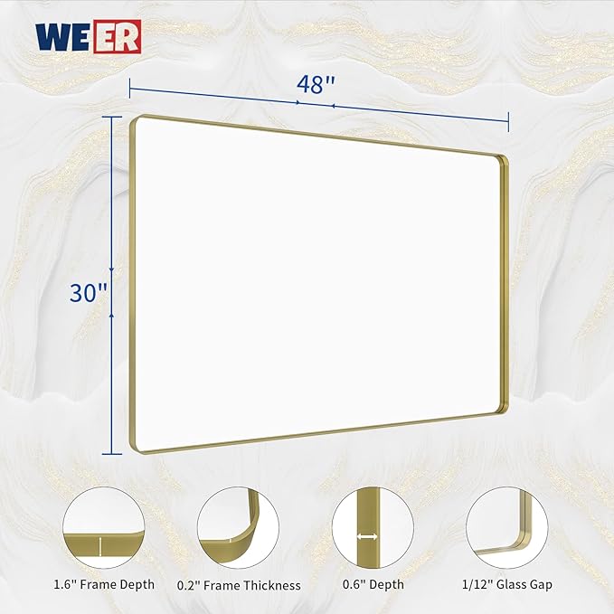 WEER Gold Bathroom Mirror, 48X30 Inch Brushed Gold Metal Frame Mirror, Rounded Rectangle Gold Bathroom Vanity Mirror for Wall, Tempered Glass, Anti-Rust, Hangs Horizontally or Vertically