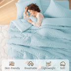 MUXHOMO 7 Pieces Full Comforter Set, Seersucker Bed in a Bag Full Size, All Season Luxury Bedding Set with Comforter, Flat Sheet, Fitted Sheet, Pillowcases & Shams, Lake Blue
