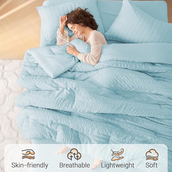 MUXHOMO 7 Pieces Queen Comforter Set, Seersucker Bed in a Bag Queen Size, All Season Luxury Bedding Set with Comforter, Flat Sheet, Fitted Sheet, Pillowcases & Shams, Lake Blue