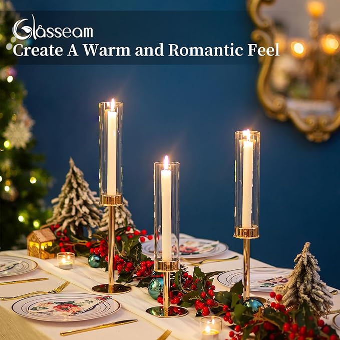 Glasseam Hurricane Gold Candlestick Holder, Set of 6 Tall Candle Stick Candle Holder with Hurricane Chimney, Modern Taper Candle Holder for Table Centerpiece Wedding DiningTable Christmas Decor