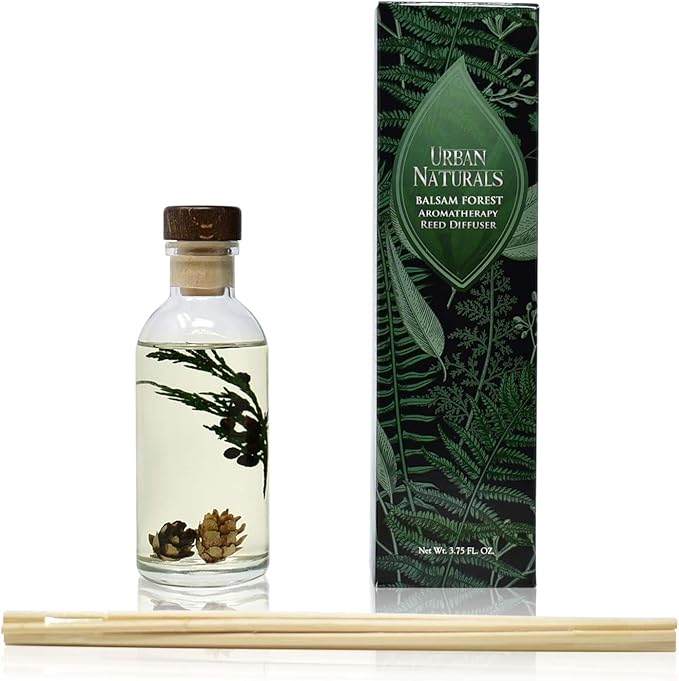 Urban Naturals Balsam Forest Reed Diffuser Oil Set - Real Juniper and Pine Cones – Fragrance Notes of Fraser Fir, Evergreen, Pine, Woodsy Cedar and Sandalwood – Vegan 3.75 Ounces – Made in The USA