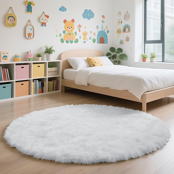 White Fluffy Round Area Rugs for Bedroom,4'X4'Shag Circle Area Rugs for Girls Room,Non Slip Fuzzy Plush Rug for Kids Room Living Room and Dorm Home Decor Rug