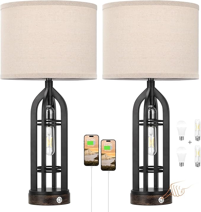 Seealle Table Lamps for Living Room Set of 2 - Black Bedside Lamp for Bedroom with USB C+A & Outlet, Farmhouse Lamps for Night Stands, 3-Way Dimmable Touch Lamps for Living Room with Oat Shade