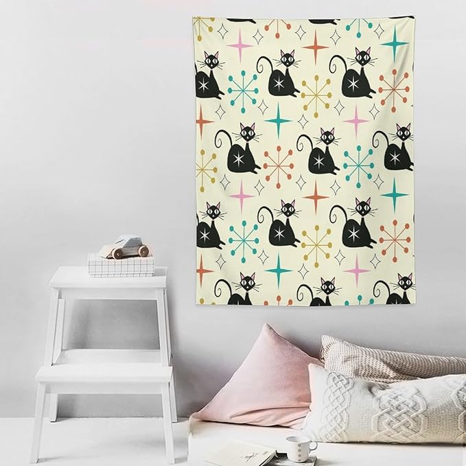 ICMOLYYENLO Abstract Cat Tapestry, Medieval Abstract Atomic Star Cat Vintage Home Wall Hanging Art Tapestry for Bedroom Living Room Dormitory 60x80 Inch