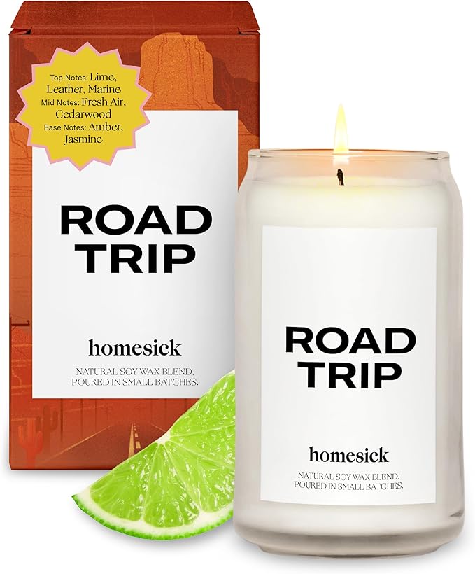 Homesick Scented Candles for Home (Road Trip) - 13.75 oz Long-Lasting Natural Soy Wax Blend Jar Candle Gifts for Women & Men for All Occasions, 60-80 Hours Burn Time - Notes of Lime, Leather & Marine