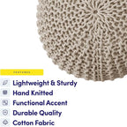 Pouf Ottoman Foot Rest Stuffed – 20” Diameter x 14” Tall Cozy Floor Pouf for Living Room, Bedroom, Nursery & More – 100% Cotton Knit Shell, EPS Bead Filled Footrest & Accent Chair, Beige