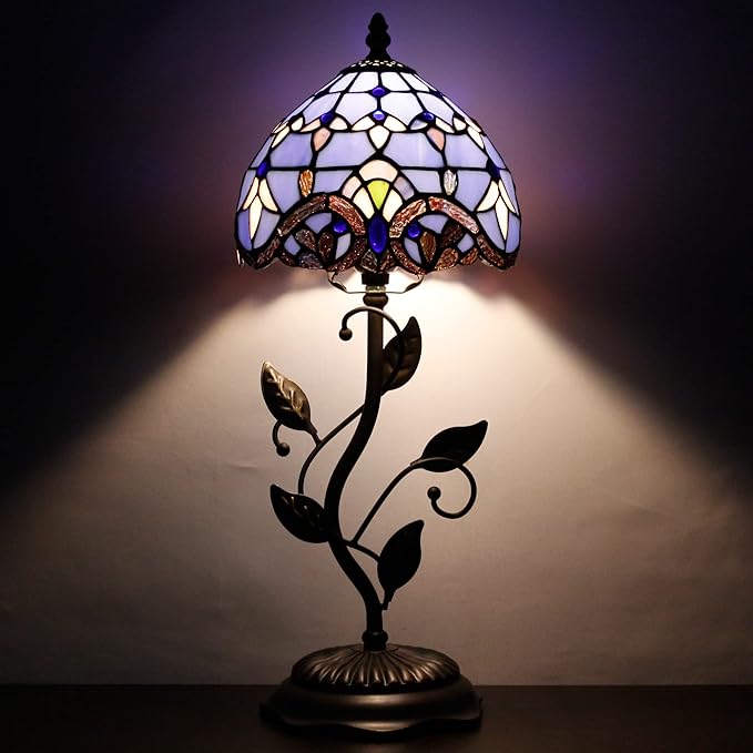 Small Tiffany Lamp Stained Glass Table Lamp Metal Leaf Accent Desk Memory Lamp Sympathy 8X20 Inch (Blue Baroque Style)