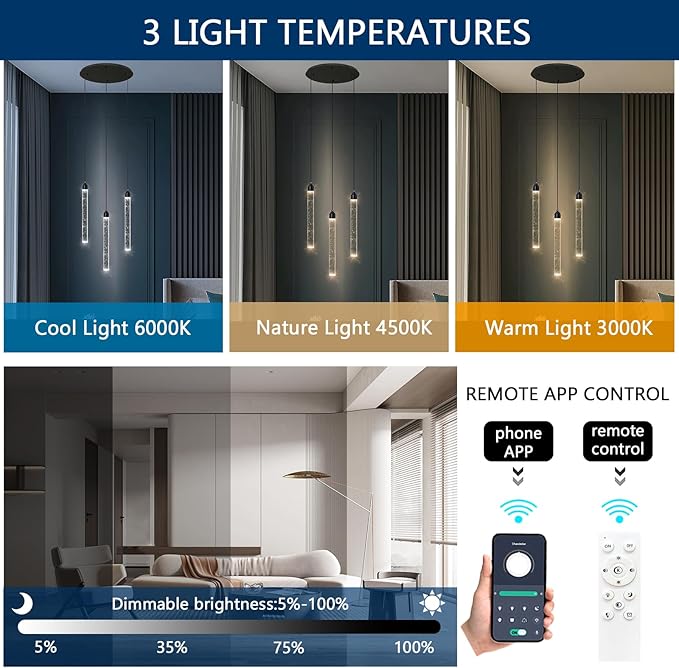 3 Light Black Pendant Lighting Mini Chandelier for Kitchen Island Modern Crystal LED Pendant Light Adjustable Dimmable Pendant Light Fixture for Dinning Room Bedroom Ceiling Hanging Lights 2700K 6000K