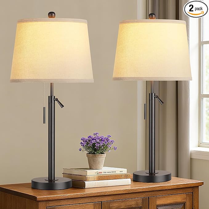 PARTPHONER Bedside Lamps Set of 2, Tall Table Lamps for Living Room, Height Adjustable Nightstand Lamps for Bedroom Office, Modern End Table Lamps with Pull Chain(LED Bulbs Included), Black