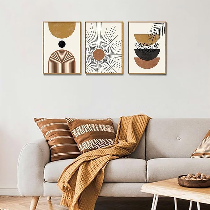 Bwodke Boho Wall Art, Framed Abstract Sun Wall Art, Neutral Canvas Wall Decor, Mid Century Geometric Line Pictures Set of 3, Minimalist Paintings, for Bedroom Living Room Bathroom 16"x24"