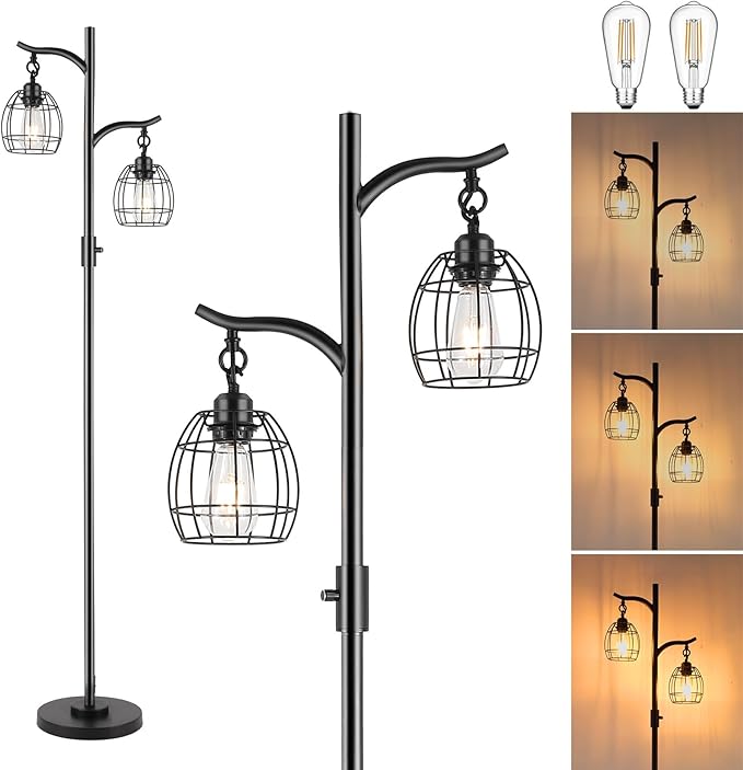 9MMML Floor Lamp for Living Room, Farmhouse Industrial Dimmable Floor Lamps with 2 Hanging Teardrop Cage, Vintage 67'' Tall Black Tree Standing Lamp for Bedroom Office, 2 x 800LM LED Bulbs Included